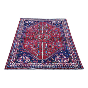 3'5"x5'4" Red New Persian Shiraz Geometric Design Pure Wool Hand Knotted Oriental Rug FWR359328