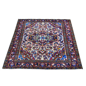 3'6"x4'10" New Persian Malayer Ivory with a Flower Medallion Pure Wool Hand Knotted Oriental Rug FWR359376