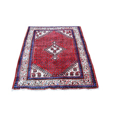 Load image into Gallery viewer, 3&#39;7&quot;x5&#39; Red Vintage Persian Sarouk Mir Good Condition Repetitive Design with Geometric Pure Wool Hand Knotted Oriental Rug FWR359424