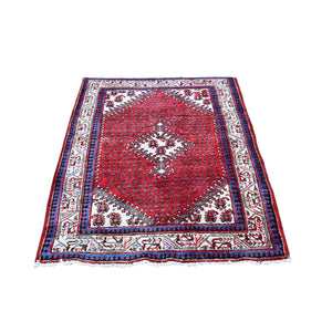 3'7"x5' Red Vintage Persian Sarouk Mir Good Condition Repetitive Design with Geometric Pure Wool Hand Knotted Oriental Rug FWR359424
