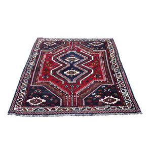 3'10"x5'5" Red Hand Knotted Double Medallion Design Pure Wool New Persian Shiraz Oriental Rug FWR359466