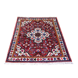3'3"x4'7" Red New Persian Hamadan Flower Medallion Design Hand Knotted Oriental Rug FWR359592