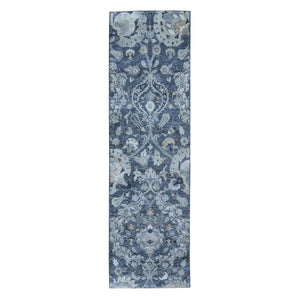 3'x10'2" Gray Silk with Textured Wool Palmette Motif Hand Knotted Wide Runner Oriental Rug FWR359712