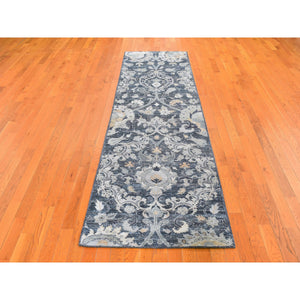 3'x10'2" Gray Silk with Textured Wool Palmette Motif Hand Knotted Wide Runner Oriental Rug FWR359712