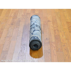 3'x10'2" Gray Silk with Textured Wool Palmette Motif Hand Knotted Wide Runner Oriental Rug FWR359712