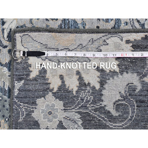 3'x10'2" Gray Silk with Textured Wool Palmette Motif Hand Knotted Wide Runner Oriental Rug FWR359712