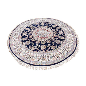 6'x6' Midnight Blue Nain with Center Medallion Flower Design Pure Wool 250 KPSI Hand Knotted Round Oriental Rug FWR359958