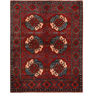 3'5"x4'4" Pure Wool Copper Red Color Afghan Ersari With Elephant Feet Design Hand Knotted Oriental Rug FWR360012