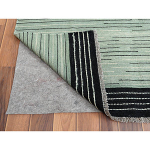 12'6"x15' Light Green Hand Woven Nomadic Stripe Design Flat Weave Kilim Pure Wool Reversible Oriental Oversize Rug FWR360204