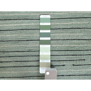 12'6"x15' Light Green Hand Woven Nomadic Stripe Design Flat Weave Kilim Pure Wool Reversible Oriental Oversize Rug FWR360204