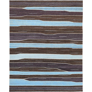 8'2"x10'1" Organic Wool Hand Woven Brown And Blue Mountain Design Flat Weave Kilim Reversible Oriental Rug FWR360228