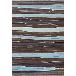 6'3"x9' Hand Woven Flat Weave Kilim Brown And Blue Mountain Design Pure Wool Reversible Oriental Rug FWR360240