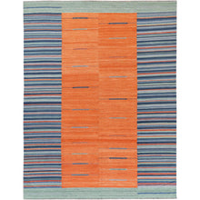 Load image into Gallery viewer, 9&#39;5&quot;x12&#39; Flat Weave Sunburst And Stripe Design Kilim Pure Wool Hand Woven Reversible Oriental Rug FWR360270