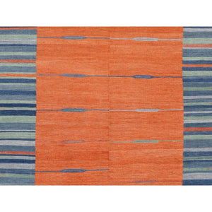 6'3"x9'2" Hand Woven Sunburst And Stripes Design Flat Weave Kilim Organic Wool Reversible Oriental Rug FWR360288