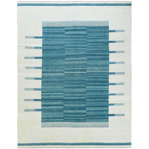 10'8"x14' Hand Woven Aquamarine Stripe Design Flat Weave Kilim Pure Wool Reversible Oriental Rug FWR360318