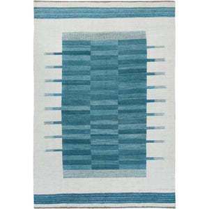 6'4"x9' Flat Weave Kilim Aquamarine Stripe Design Natural Wool Reversible Hand Woven Oriental Rug FWR360330