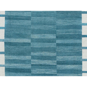 6'4"x9' Flat Weave Kilim Aquamarine Stripe Design Natural Wool Reversible Hand Woven Oriental Rug FWR360330