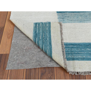 6'4"x9' Flat Weave Kilim Aquamarine Stripe Design Natural Wool Reversible Hand Woven Oriental Rug FWR360330