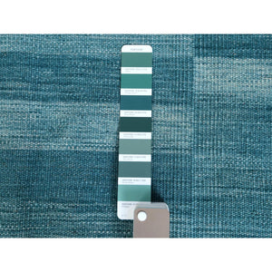 6'4"x9' Flat Weave Kilim Aquamarine Stripe Design Natural Wool Reversible Hand Woven Oriental Rug FWR360330