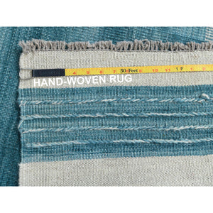 6'4"x9' Flat Weave Kilim Aquamarine Stripe Design Natural Wool Reversible Hand Woven Oriental Rug FWR360330