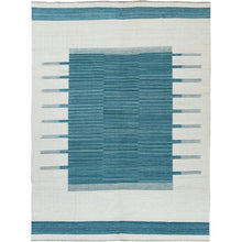 Load image into Gallery viewer, 9&#39;5&quot;x11&#39;9&quot; Hand Woven Aquamarine Stripe Design Flat Weave Kilim Handspun Wool Reversible Oriental Rug FWR360348