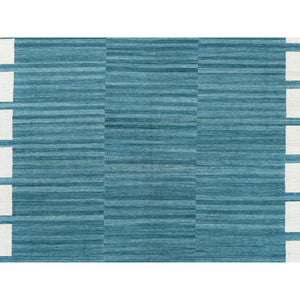 9'5"x11'9" Hand Woven Aquamarine Stripe Design Flat Weave Kilim Handspun Wool Reversible Oriental Rug FWR360348