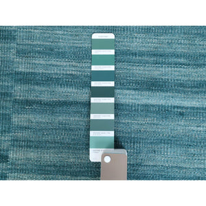 9'5"x11'9" Hand Woven Aquamarine Stripe Design Flat Weave Kilim Handspun Wool Reversible Oriental Rug FWR360348