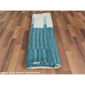 9'5"x11'9" Hand Woven Aquamarine Stripe Design Flat Weave Kilim Handspun Wool Reversible Oriental Rug FWR360348