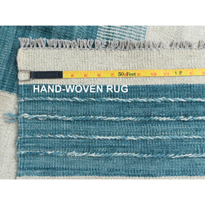 9'5"x11'9" Hand Woven Aquamarine Stripe Design Flat Weave Kilim Handspun Wool Reversible Oriental Rug FWR360348