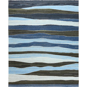12'5"x15' Hand Woven Brown And Blue Mountain Design Flat Weave Kilim Pure Wool Over Size Reversible Oriental Rug FWR360630