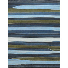 Load image into Gallery viewer, 10&#39;7&quot;x13&#39;8&quot; Blue And Brown Mountain Design Flat Weave Kilim Pure Wool Reversible Hand Woven Oriental Rug FWR360636