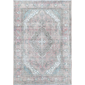 6'8"x9'8" Red Clean Pure Wool Shabby Chic Worn Down Old Persian Tabriz Medallion Design Distressed Hand Knotted Oriental Rug FWR361098