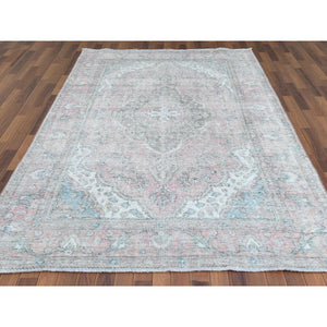 6'8"x9'8" Red Clean Pure Wool Shabby Chic Worn Down Old Persian Tabriz Medallion Design Distressed Hand Knotted Oriental Rug FWR361098