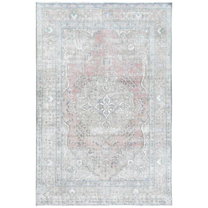 6'2"x9'7" Red Clean Natural Wool Shabby Chic Distressed Old Persian Tabriz Medallion Design Hand Knotted Oriental Rug FWR361116