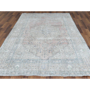 6'2"x9'7" Red Clean Natural Wool Shabby Chic Distressed Old Persian Tabriz Medallion Design Hand Knotted Oriental Rug FWR361116