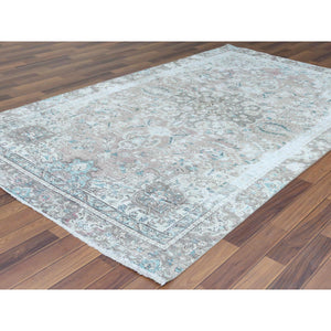 5'10"x9'5" Red Clean Pure Wool Bohemian Worn Down Vintage Look Persian Tabriz Medallion Design Distressed Hand Knotted Oriental Rug FWR361158