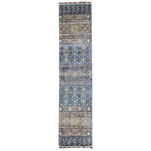 2'8"x9'9" Hand Knotted Gray Super Kazak Khorjin Design With Colorful Tassles Pure Wool Oriental Runner Rug FWR361386