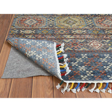 Load image into Gallery viewer, 2&#39;8&quot;x9&#39;9&quot; Hand Knotted Gray Super Kazak Khorjin Design With Colorful Tassles Pure Wool Oriental Runner Rug FWR361386