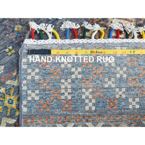2'8"x9'9" Hand Knotted Gray Super Kazak Khorjin Design With Colorful Tassles Pure Wool Oriental Runner Rug FWR361386
