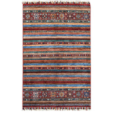 Load image into Gallery viewer, 3&#39;4&quot;x5&#39; Pure Wool Red With Colorful Tassles Hand Knotted Super Kazak Khorjin Design Oriental Rug FWR361572