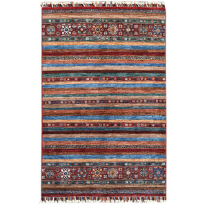 3'4"x5' Pure Wool Red With Colorful Tassles Hand Knotted Super Kazak Khorjin Design Oriental Rug FWR361572
