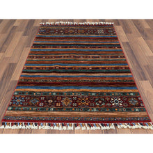 Load image into Gallery viewer, 3&#39;4&quot;x5&#39; Pure Wool Red With Colorful Tassles Hand Knotted Super Kazak Khorjin Design Oriental Rug FWR361572