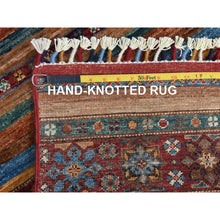 Load image into Gallery viewer, 3&#39;4&quot;x5&#39; Pure Wool Red With Colorful Tassles Hand Knotted Super Kazak Khorjin Design Oriental Rug FWR361572