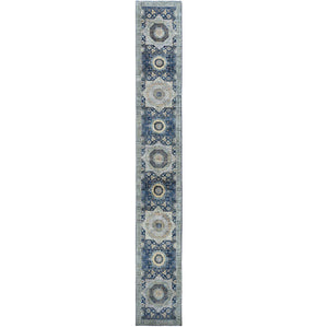 2'5"x17'10" Blue Super Fine Peshawar Mamluk Design With Denser Weave Shiny Wool Even Pile Hand Knotted XL Runner Oriental Rug FWR361698