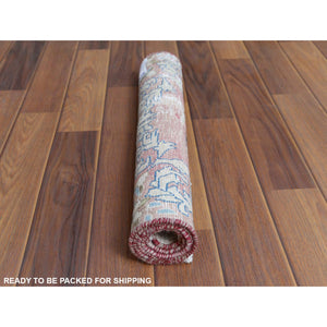 1'10'x3'4" Red Washed Out Vintage Persian Kerman With Flower Design Sheared Low Pile Clean Hand Knotted Pure Wool Oriental Rug FWR362772