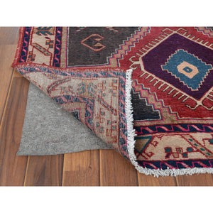 3'9"x10'9" Semi Antique Red Northwest Persian Heriz With Geometric Design Cropped Thin Pile Clean Hand Knotted Pure Wool Oriental Runner Rug FWR363060