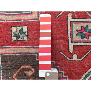 3'9"x10'9" Semi Antique Red Northwest Persian Heriz With Geometric Design Cropped Thin Pile Clean Hand Knotted Pure Wool Oriental Runner Rug FWR363060