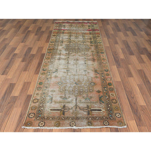 3'4"x10'8" Semi Antique Apricot And Peach Colors Persian Tabriz Abrash Worn Down Distressed Hand Knotted Organic Wool Oriental Runner Rug FWR363084