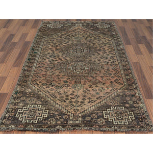 4'4"x7'5" Semi Antique Brown Persian Shiraz Clean Abrash Hand Knotted Soft Natural Wool Oriental Rug FWR363306