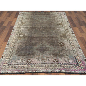 4'5"x7'2" Semi Antique Beige Persian Shiraz Worn Down Clean Distressed Hand Knotted Organic Wool Oriental Rug FWR363318